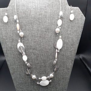 New! Silver & White Mixed Media Beaded Necklace & Earring Set